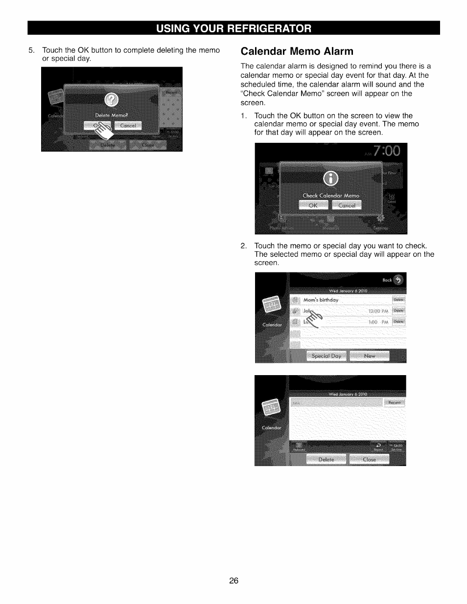 Calendar memo alarm | Kenmore 41003 User Manual | Page 26 / 50