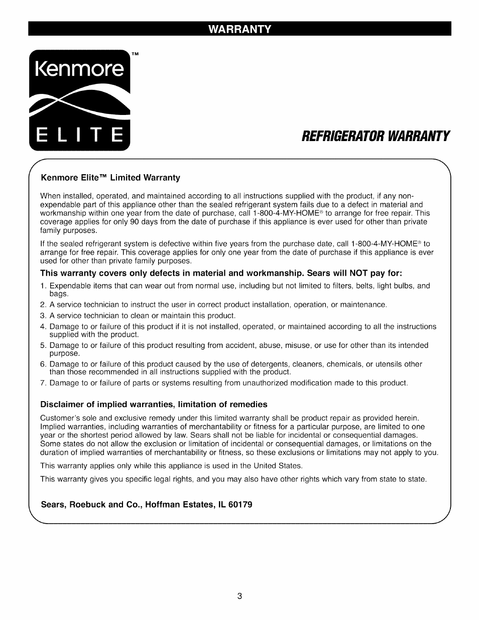 Warranty, Kenmore elite™ limited warranty, Sears, roebuck and co., hoffman estates, il 60179 | Kenmore, Refrigerator warranty | Kenmore 41003 User Manual | Page 3 / 50