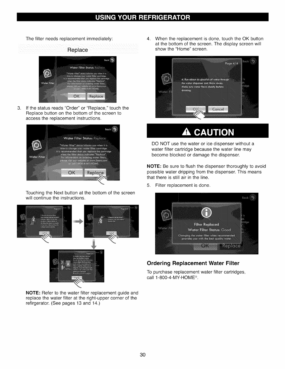 A caution, Ordering replacement water filter, Caution | Kenmore 41003 User Manual | Page 30 / 50