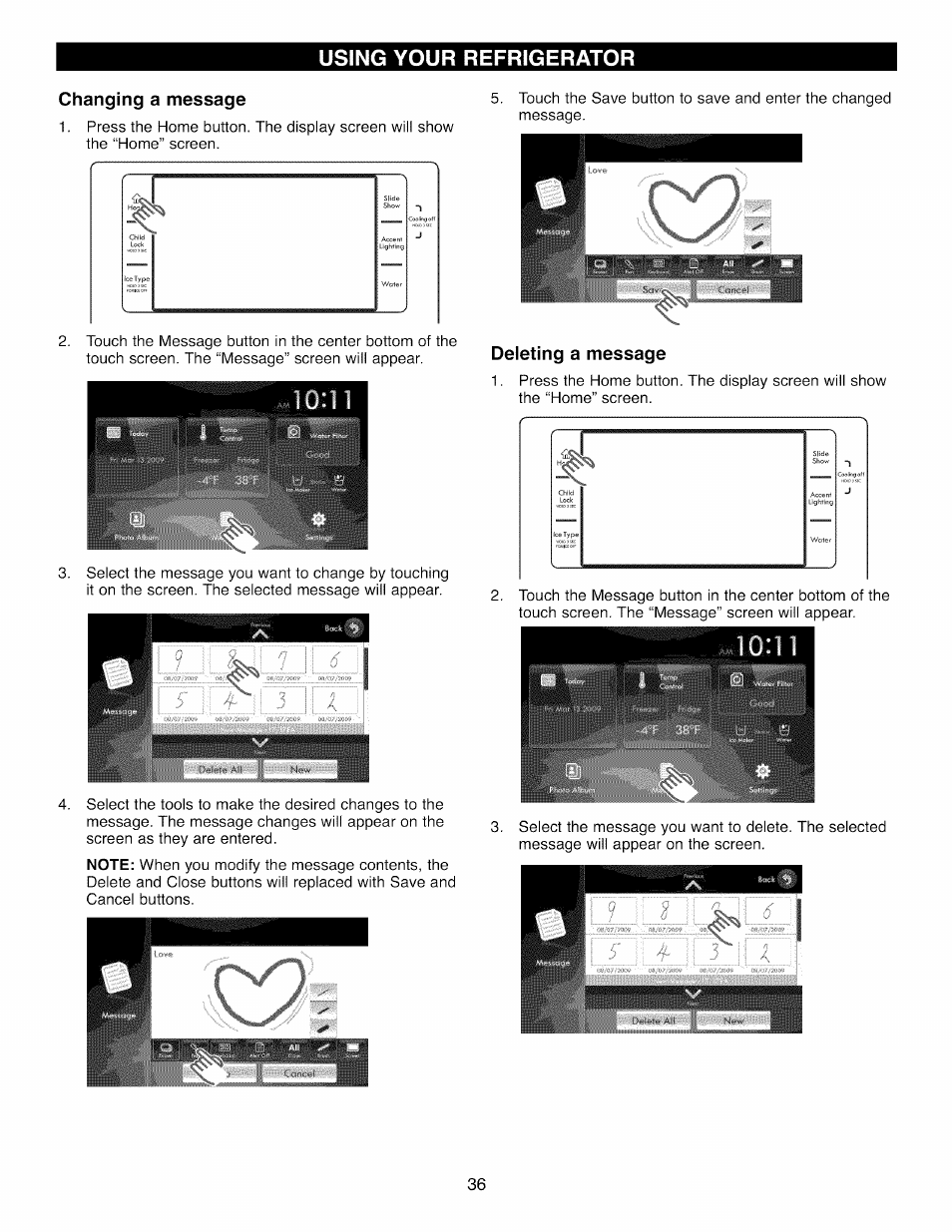 Changing a message, Deleting a message, Using your refrigerator | Kenmore 41003 User Manual | Page 36 / 50