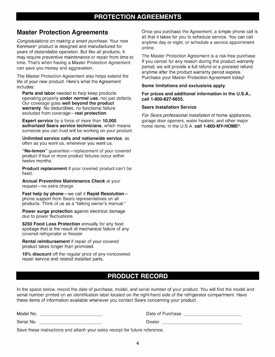 Protection agreements, Master protection agreements, Sears installation service | Product record, Protection agreements master protection agreements | Kenmore 41003 User Manual | Page 4 / 50
