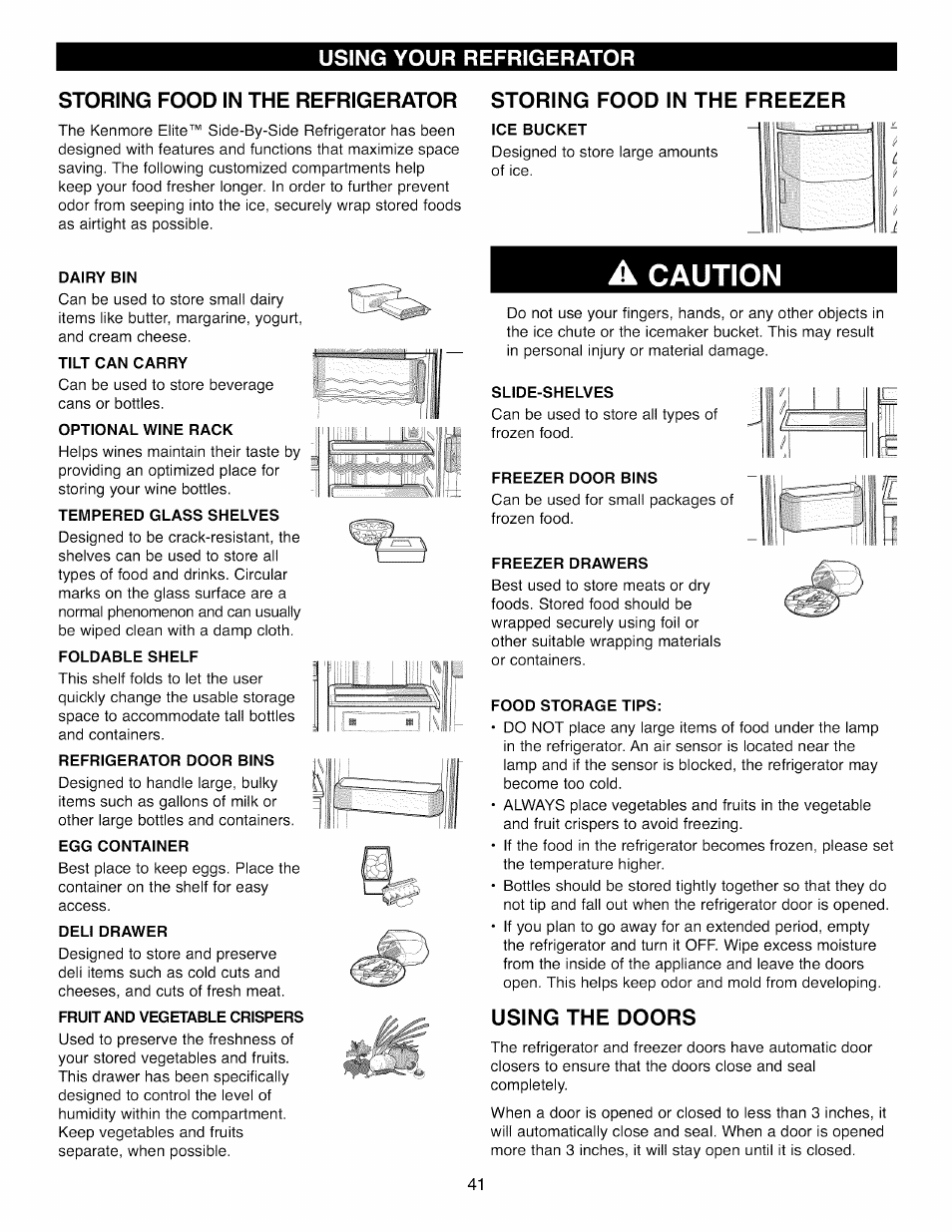 Storing food in the refrigerator, Storing food in the freezer, Ice bucket | Dairy bin, Tilt can carry, Optional wine rack, Tempered glass shelves, Foldable shelf, Refrigerator door bins, Egg container | Kenmore 41003 User Manual | Page 41 / 50