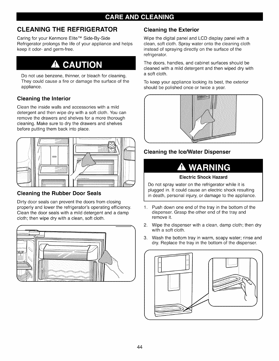 Cleaning the refrigerator, A caution, Cleaning the interior | Cleaning the rubber door seals, Cleaning the exterior, Cleaning the ice/water dispenser, A warning, Electric shock hazard | Kenmore 41003 User Manual | Page 44 / 50