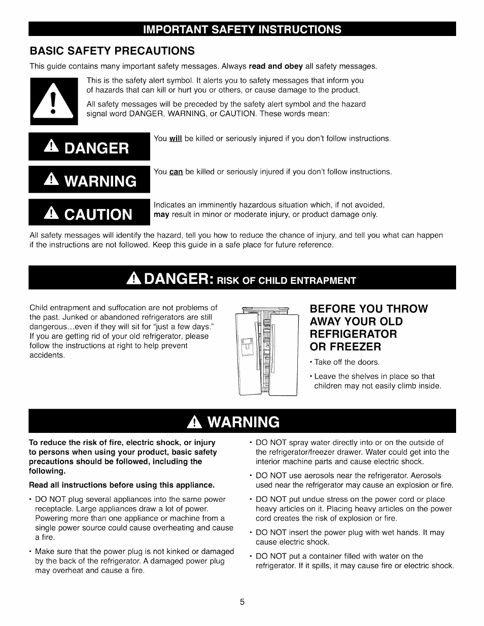 A danger, A warning, A caution | Danger, Warning, Caution | Kenmore 41003 User Manual | Page 5 / 50