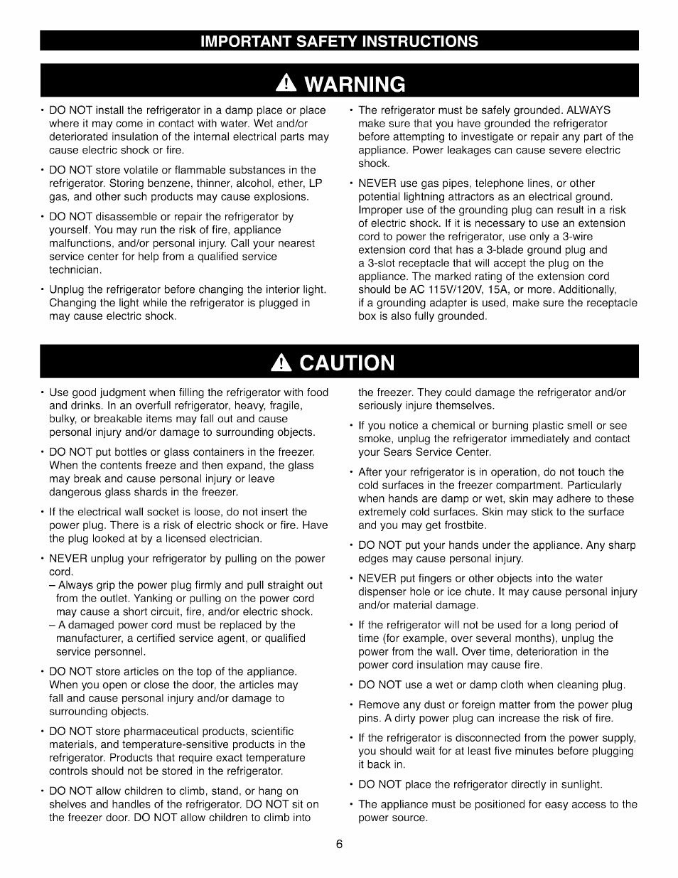 A warning, A caution, Warning | Caution | Kenmore 41003 User Manual | Page 6 / 50