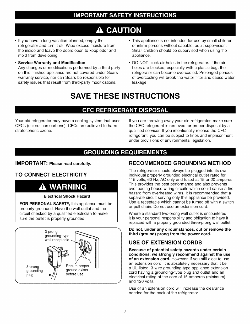 A caution, Save these instructions, Cfc refrigerant disposal | Grounding requirements, A warning, Electrical shock hazard, Recommended grounding method, Use of extension cords, Caution, Warning | Kenmore 41003 User Manual | Page 7 / 50