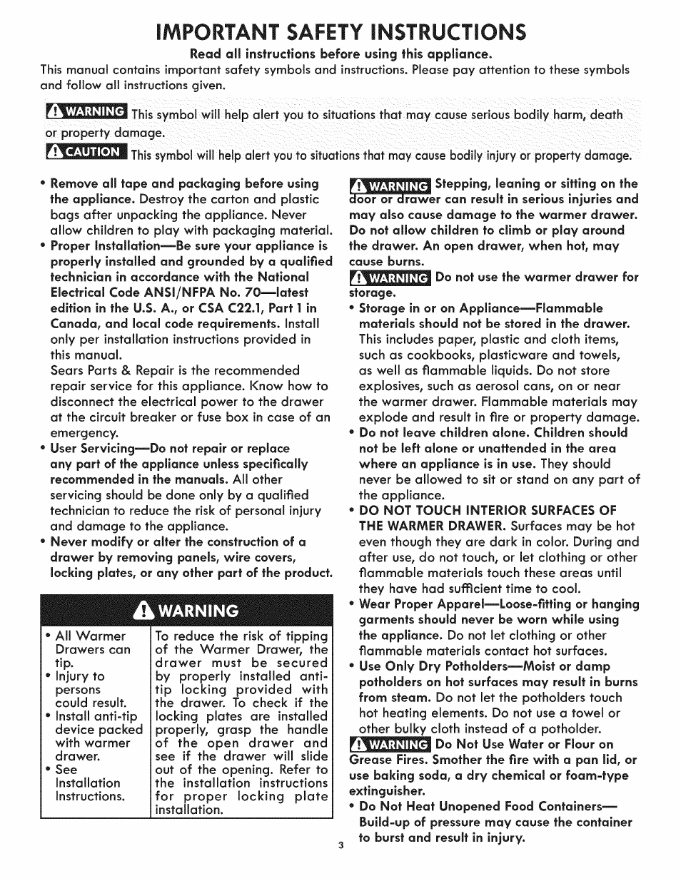 Important safety instructions, A warning | Kenmore 790.4928 User Manual | Page 3 / 10