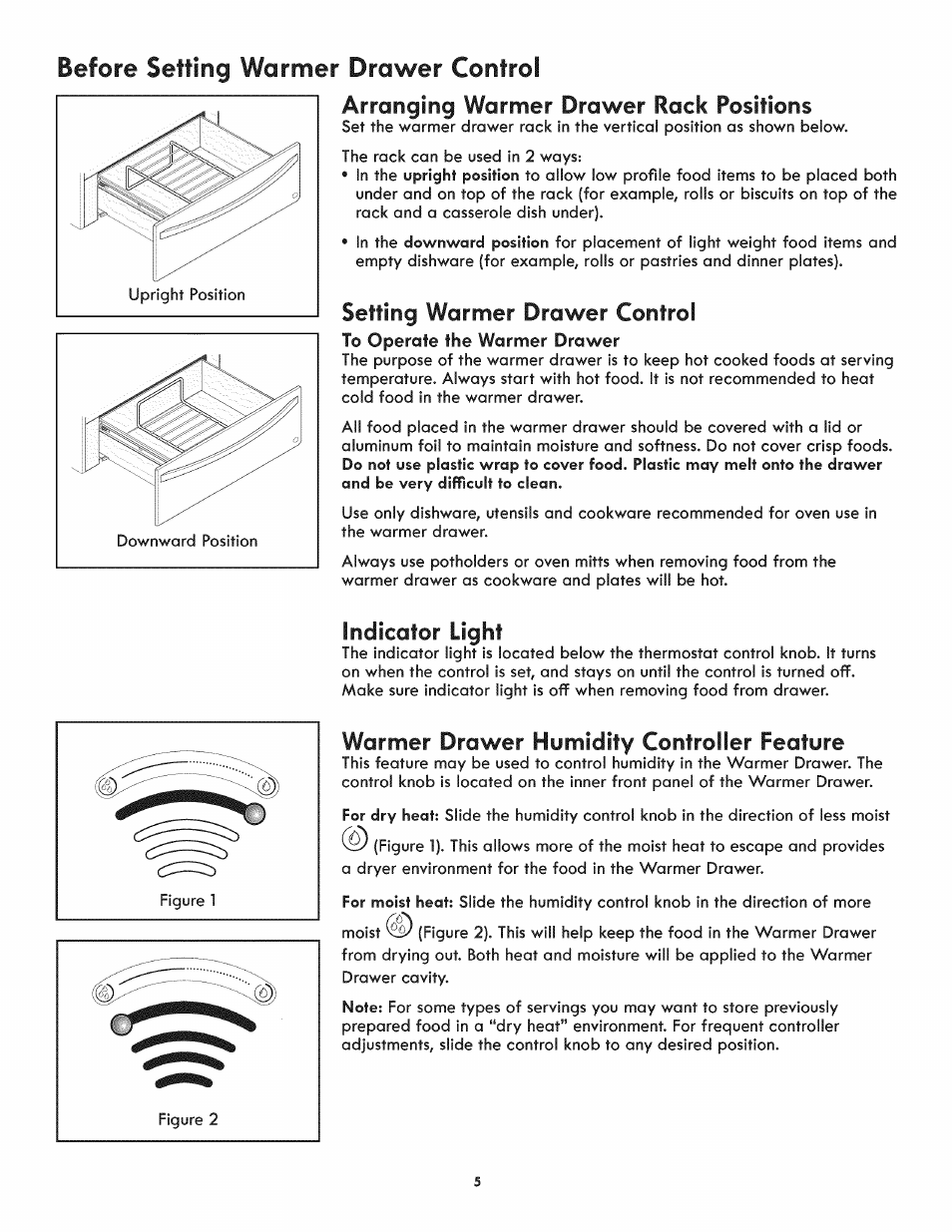 Before setting warmer drawer control, Arranging warmer drawer rack positions, Setting warmer drawer control | Indicator light, Warmer drawer humidity controller feature | Kenmore 790.4928 User Manual | Page 5 / 10