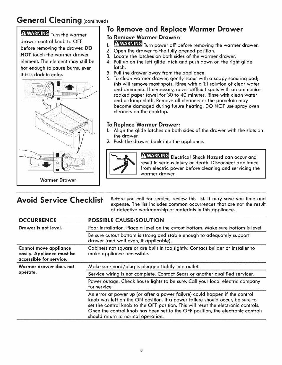 To remove warmer drawer, To replace warmer drawer, General cleaning | A warning, Warning | Kenmore 790.4928 User Manual | Page 8 / 10