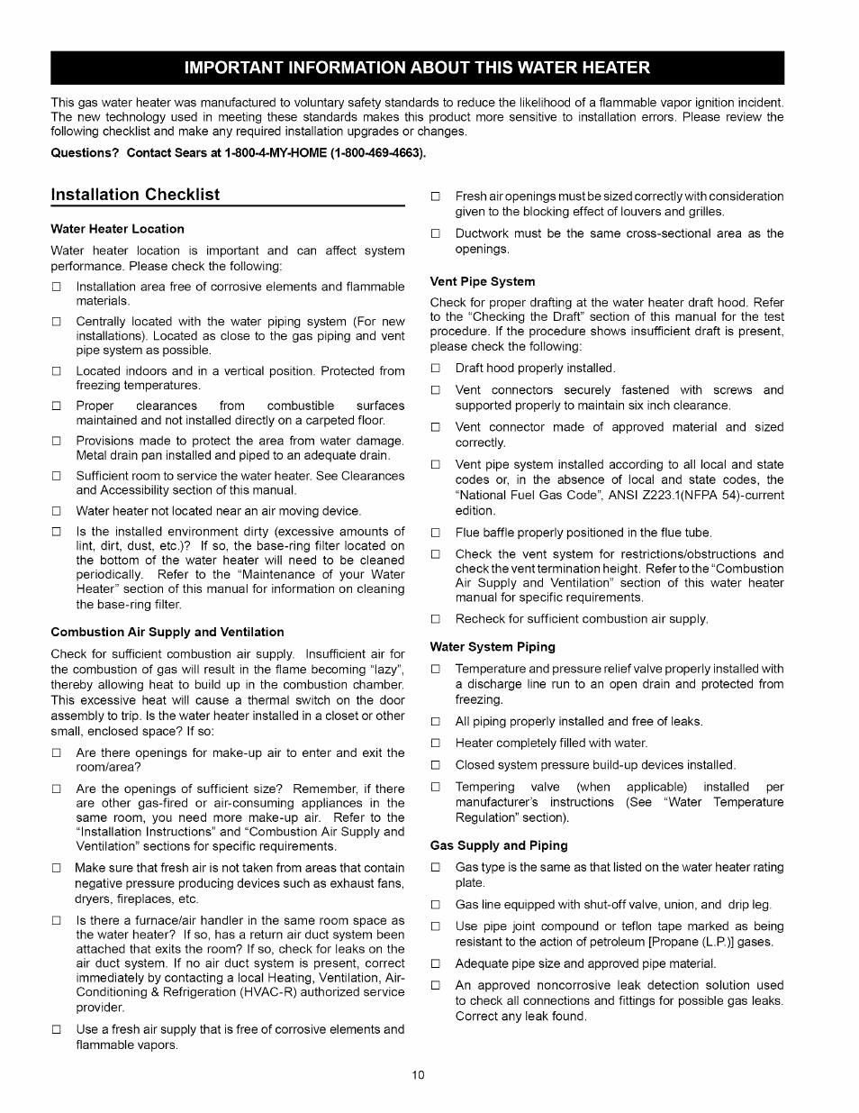 Important information about this water heater, Installation checklist, Water heater location | Combustion air suppiy and ventiiation | Kenmore 153.331492 User Manual | Page 10 / 44