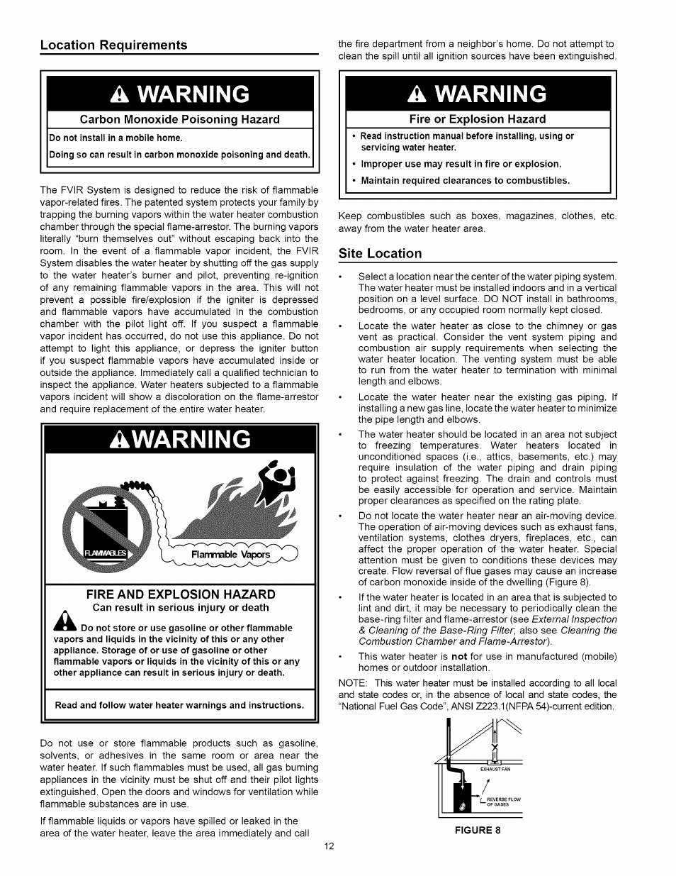 Location requirements, Carbon monoxide poisoning hazard, Do not install in a mobile home | Fire or explosion hazard, Site location, A warning | Kenmore 153.331492 User Manual | Page 12 / 44