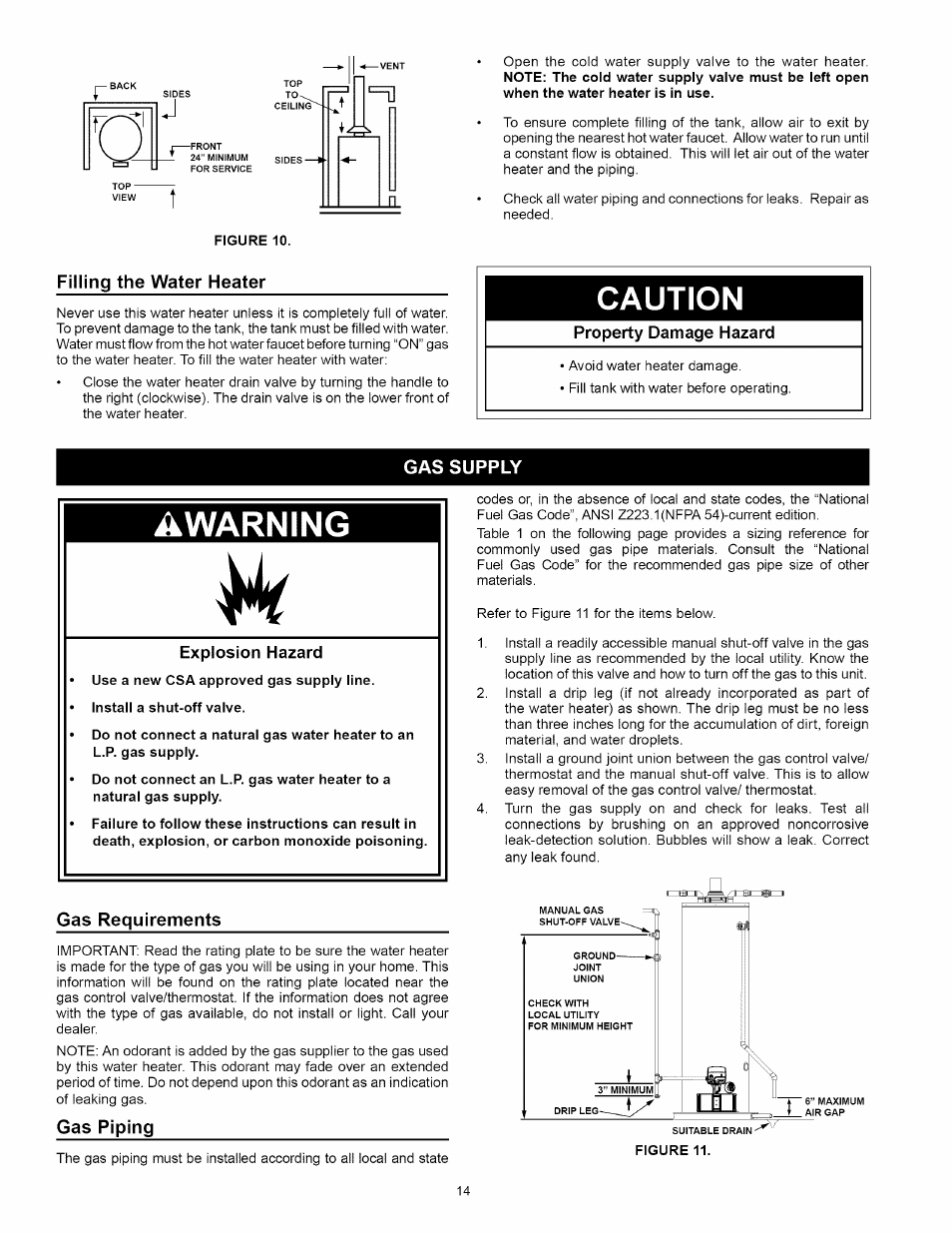 Filling the water heater, Property damage hazard, Gas supply | Gas requirements, Gas piping, Gas supply -15, Caution, Awarning | Kenmore 153.331492 User Manual | Page 14 / 44