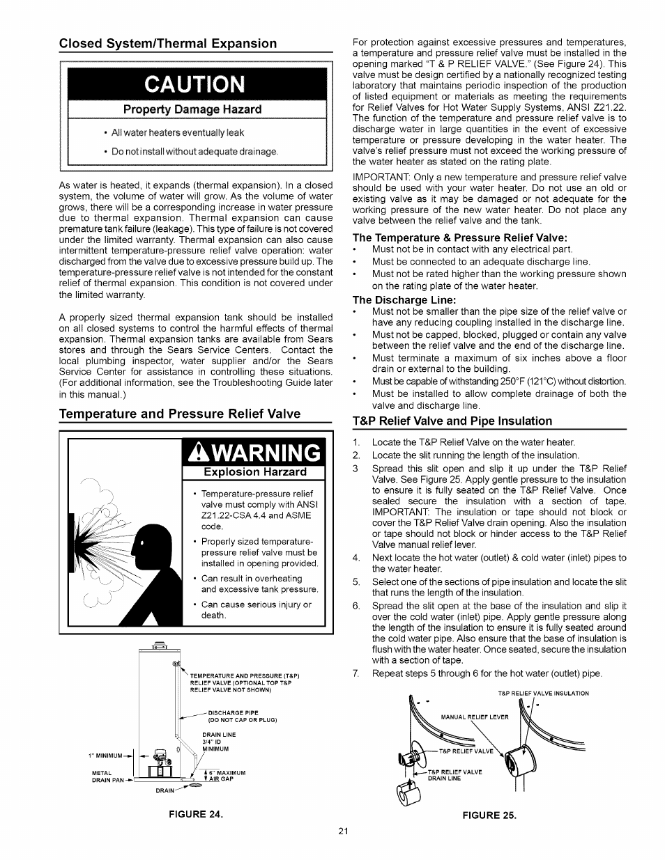 Closed system/thermal expansion, Temperature and pressure relief valve, The temperature & pressure relief valve | The discharge line, T&p relief valve and pipe insulation, Awarning | Kenmore 153.331492 User Manual | Page 21 / 44