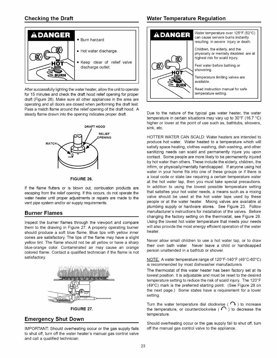 Water temperature regulation, Burner flames, Emergency shut down | Water temperature regulation -24, Adanger, Checking the draft water temperature regulation | Kenmore 153.331492 User Manual | Page 23 / 44