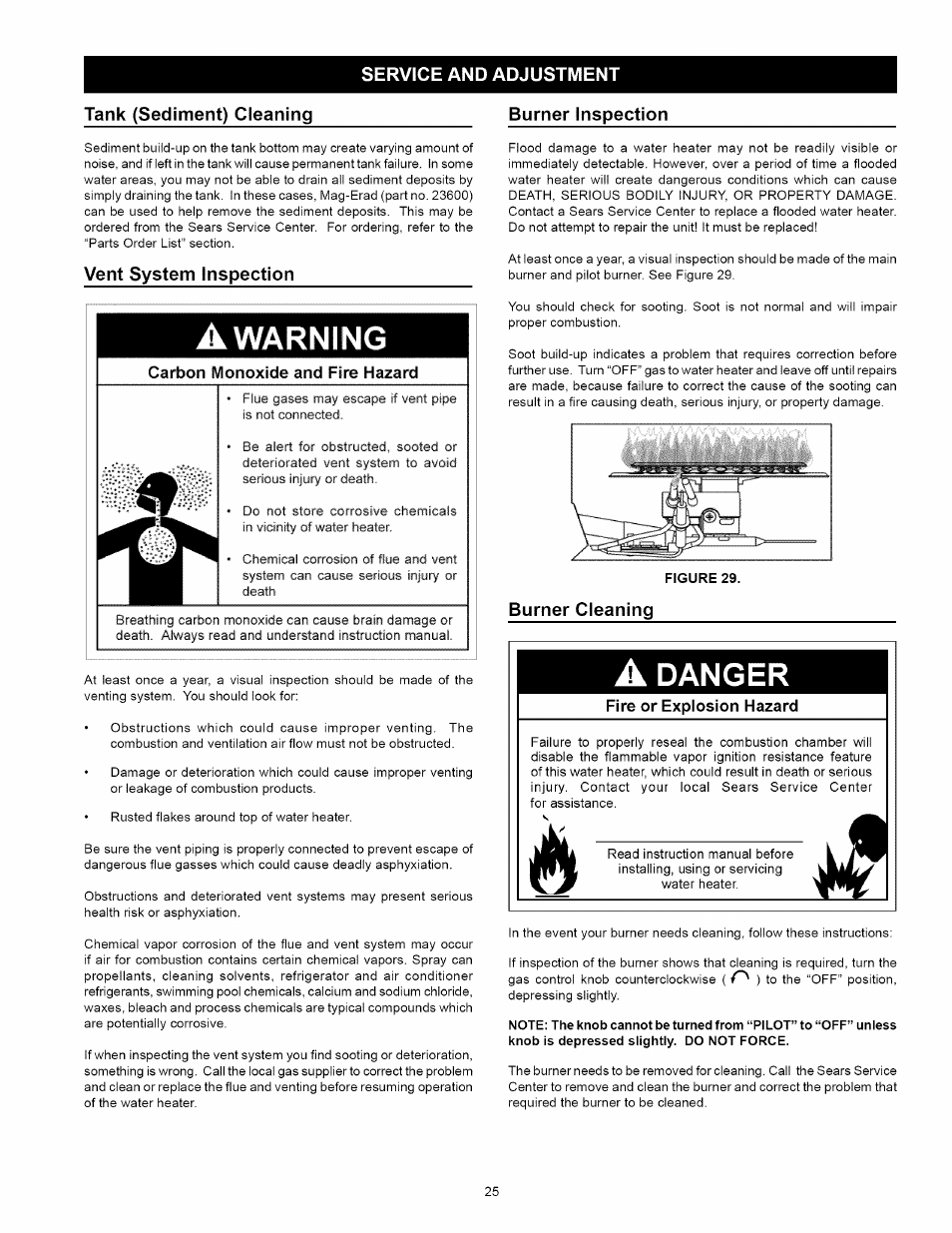 Service and adjustment, Tank (sediment) cleaning, Vent system inspection | Carbon monoxide and fire hazard, Burner cleaning, Service and adjustment -27, Danger | Kenmore 153.331492 User Manual | Page 25 / 44