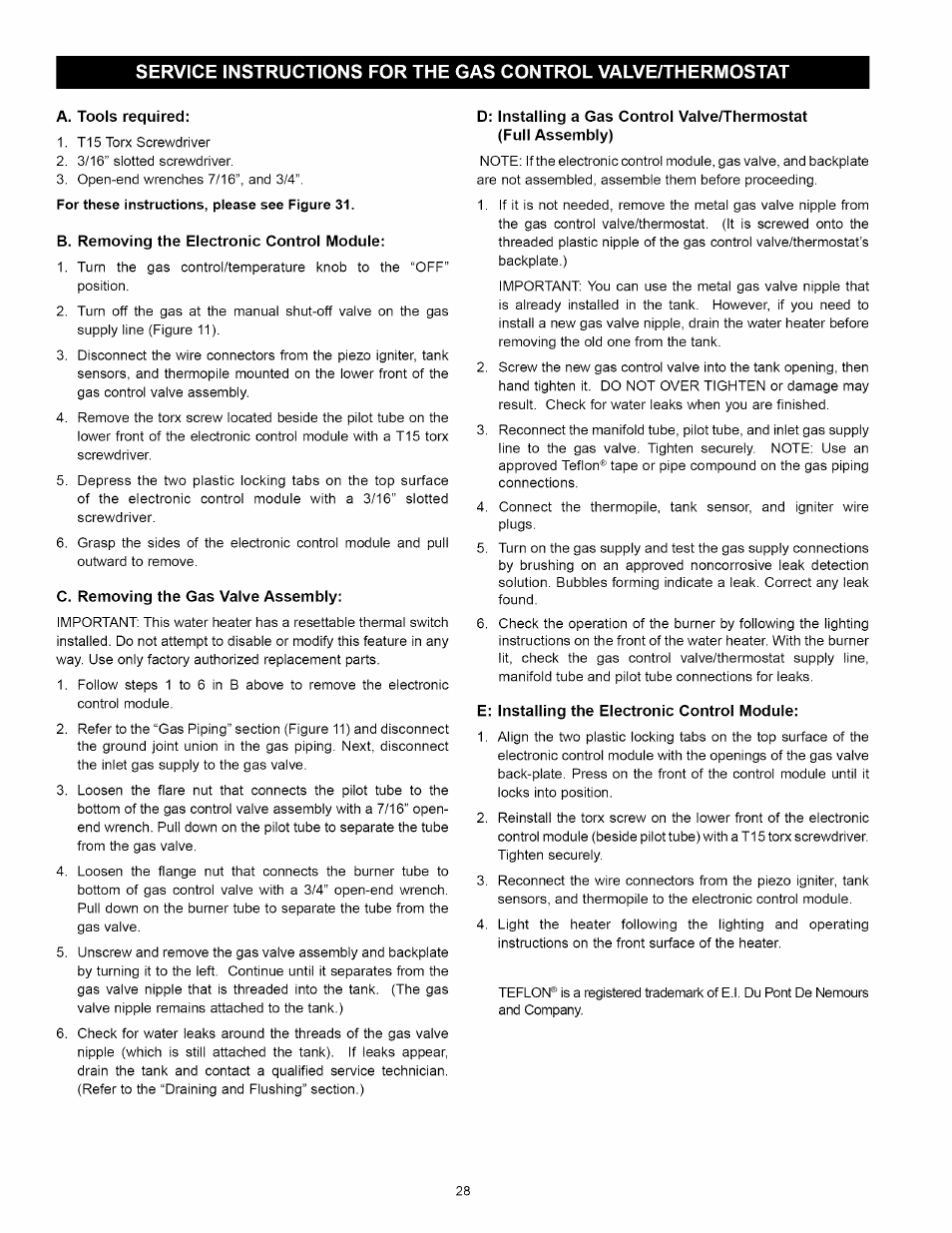 A. tools required, B. removing the electronic control module, C. removing the gas valve assembly | E: installing the electronic control module | Kenmore 153.331492 User Manual | Page 28 / 44