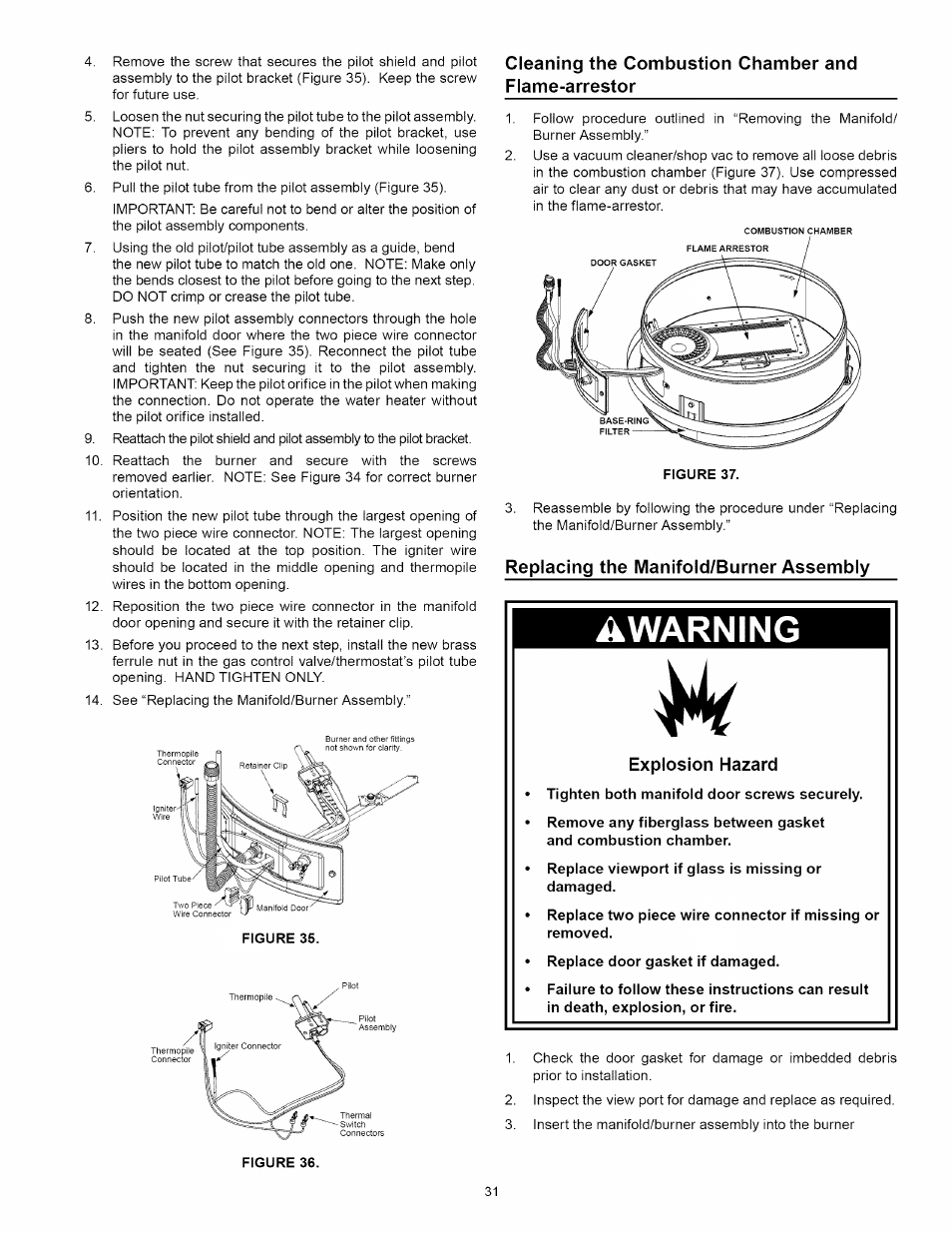 Cleaning the combustion chamber and flame-arrestor, Replacing the manifold/burner assembly, Explosion hazard | Tighten both manifold door screws securely, Replace viewport if glass is missing or damaged, Replace door gasket if damaged, Replacing the manifold/burner assembly -32, Awarning | Kenmore 153.331492 User Manual | Page 31 / 44