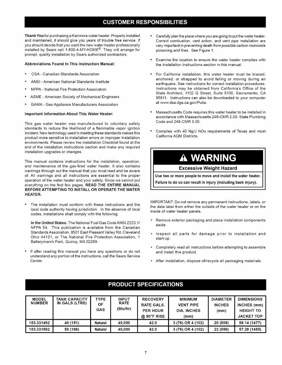 Customer responsibilities, Product specifications, Warning | Kenmore 153.331492 User Manual | Page 7 / 44