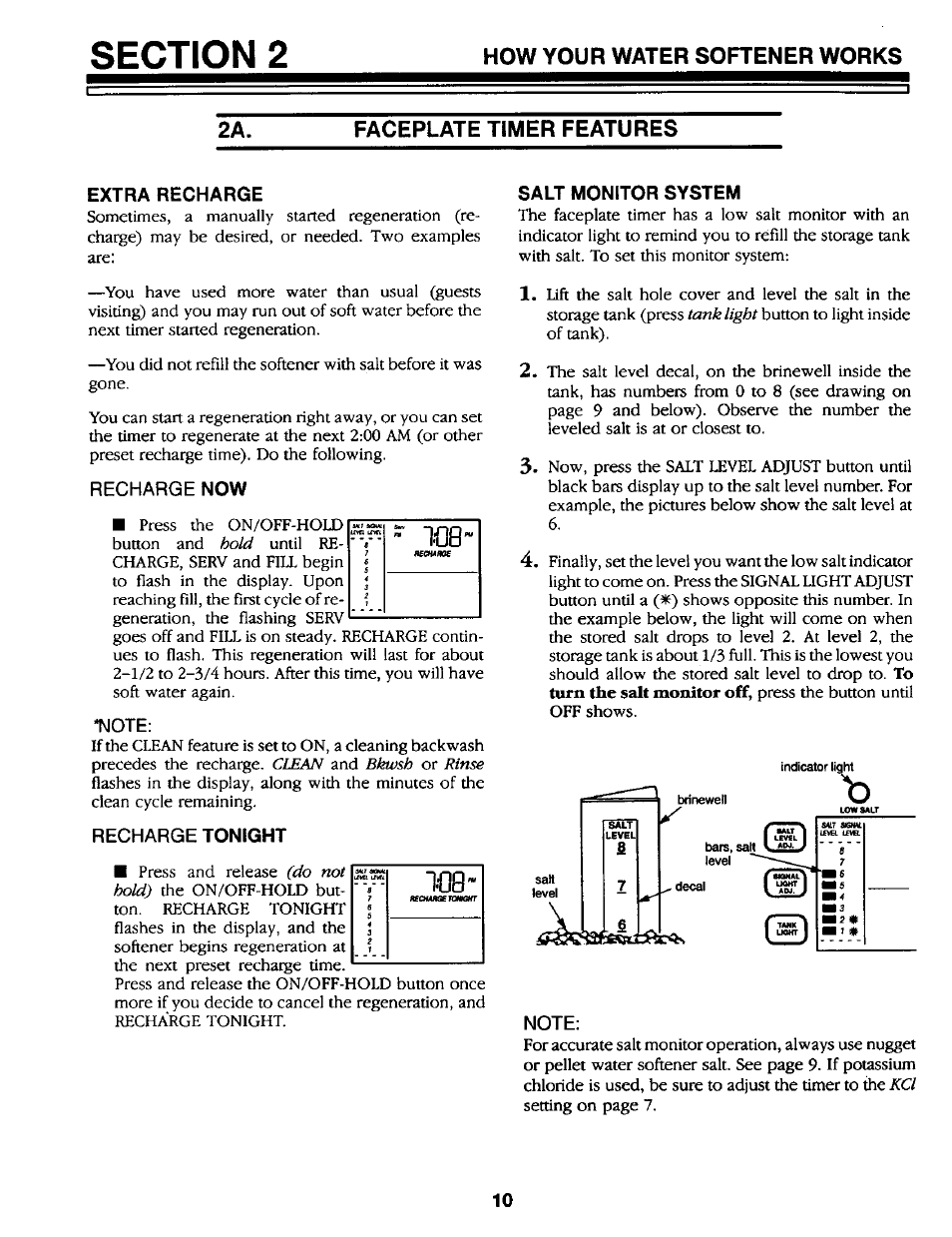 Faceplate timer features, Extra recharge, Recharge now | Note, Recharge tonight, Salt monitor system | Kenmore GENIUS II 625.34867 User Manual | Page 10 / 36