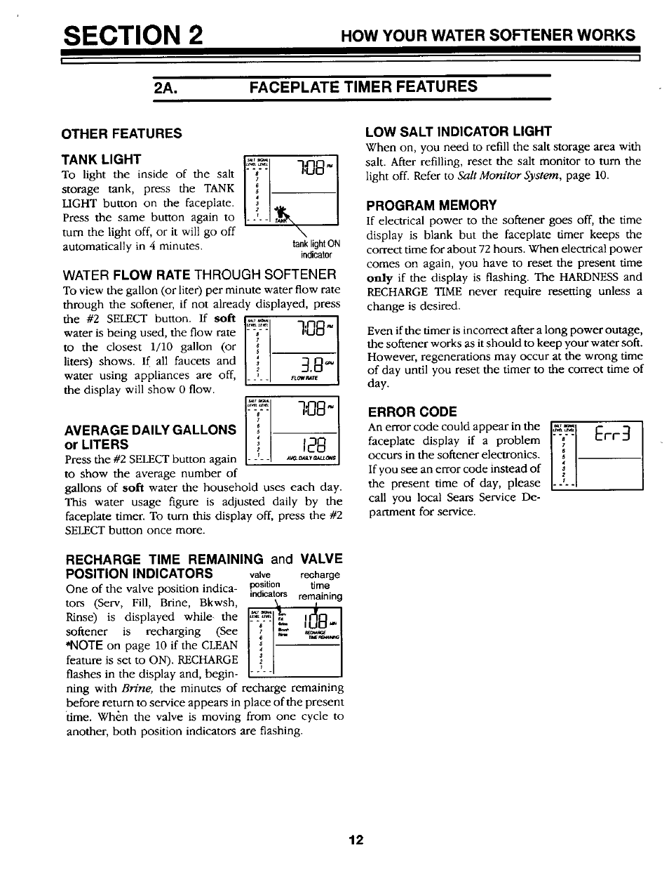 Faceplate timer features, Other features tank light, Water flow rate through softener | Average daily gallons or liters, Low salt indicator light, Program memory, Error code, Err3 | Kenmore GENIUS II 625.34867 User Manual | Page 12 / 36