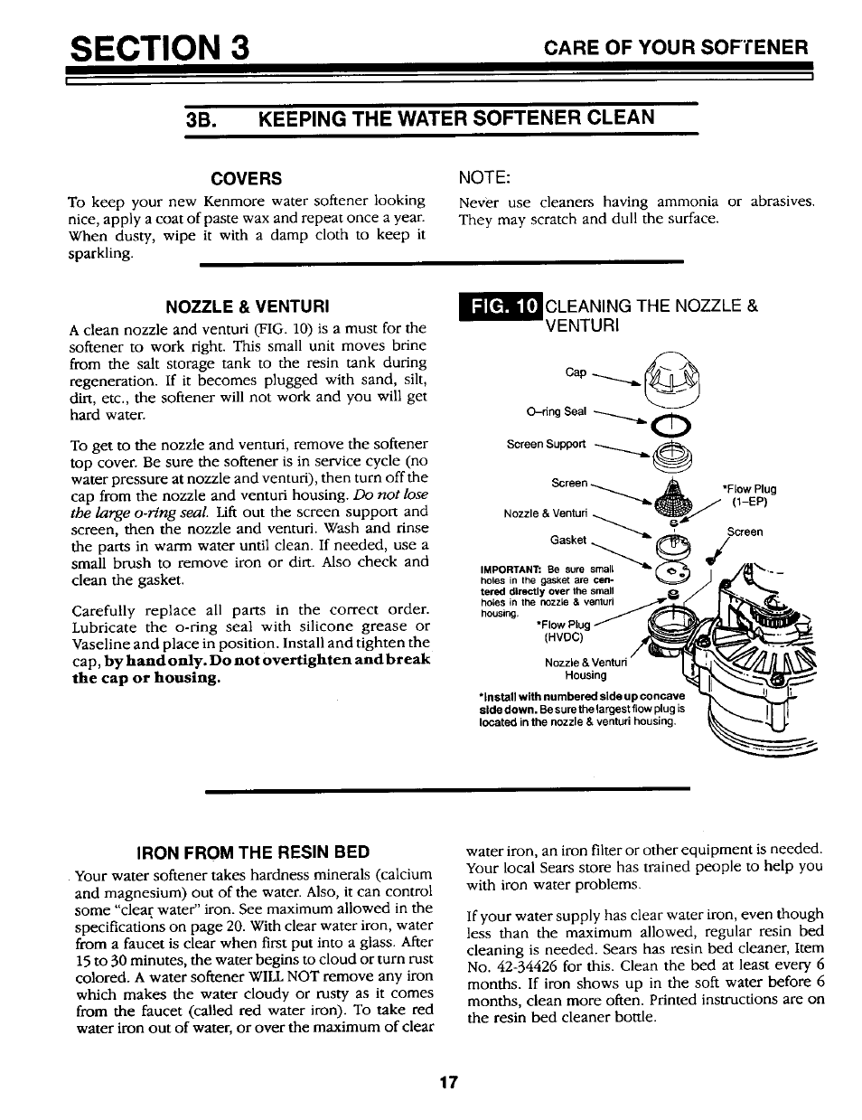 3b. keeping the water softener clean, Note, Nozzle & venturi | Cleaning the nozzle & venturi, Iron from the resin bed, Covers, Care of your softener, Fig. 10 | Kenmore GENIUS II 625.34867 User Manual | Page 17 / 36