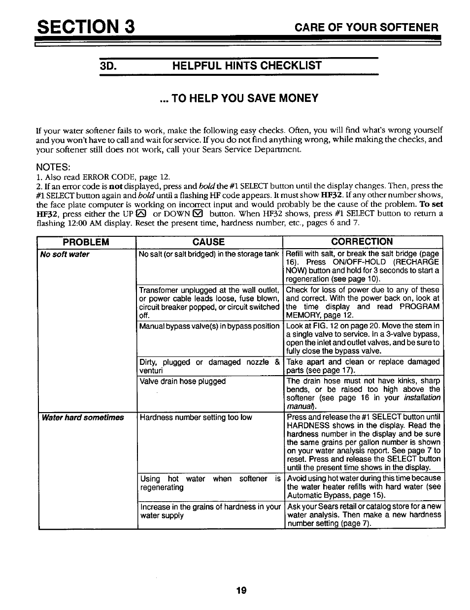 Helpful hints checklist, To help you save money, Notes | Care of your softener, 3d. helpful hints checklist to help you save money | Kenmore GENIUS II 625.34867 User Manual | Page 19 / 36