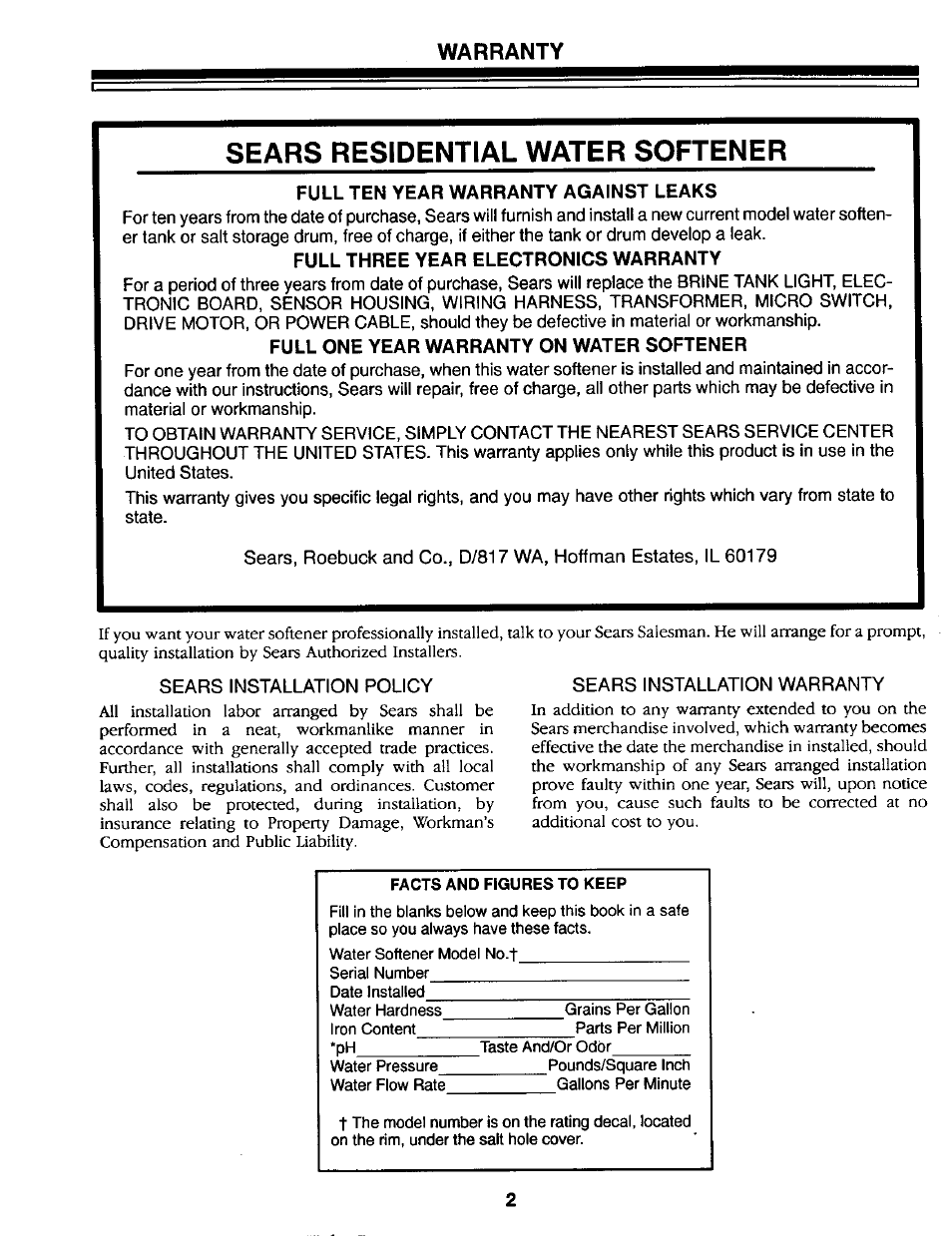 Warranty, Full ten year warranty against leaks, Full one year warranty on water softener | Sears residential water softener | Kenmore GENIUS II 625.34867 User Manual | Page 2 / 36