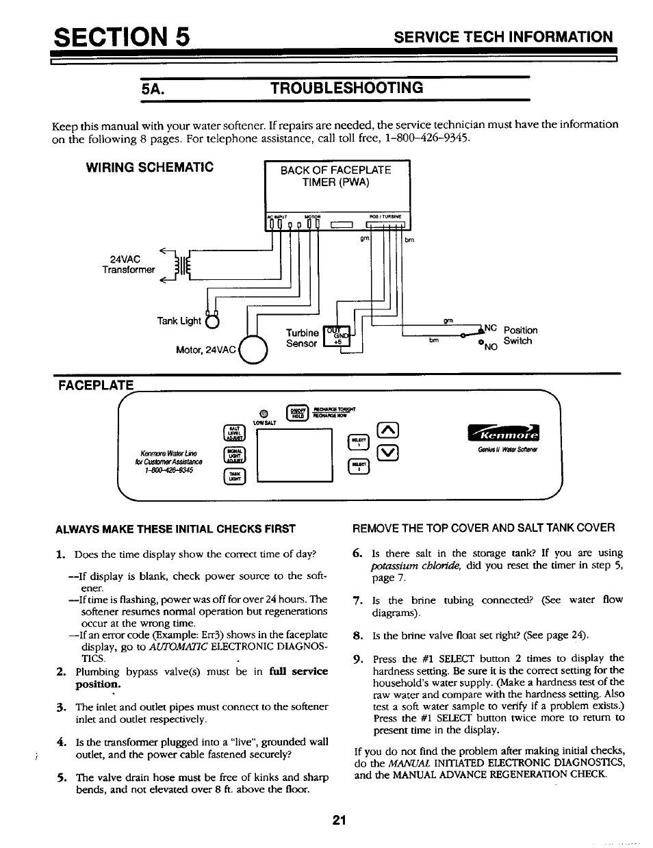 Troubleshooting, Back of faceplate timer (pwa), Remove the top cover and salt tank cover | Service tech information | Kenmore GENIUS II 625.34867 User Manual | Page 21 / 36