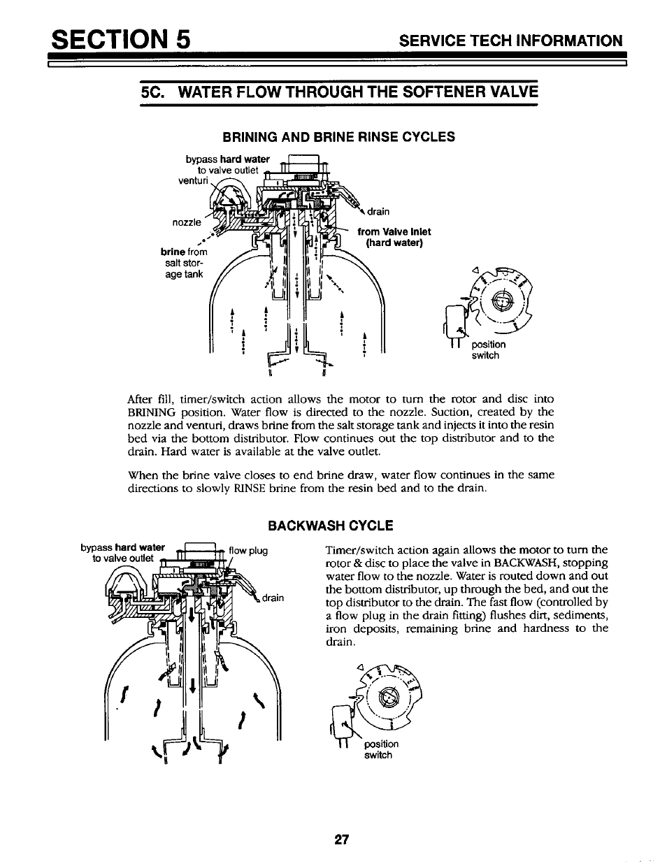 5c. water flow through the softener valve, Brining and brine rinse cycles, Backwash cycle | Service tech information | Kenmore GENIUS II 625.34867 User Manual | Page 27 / 36