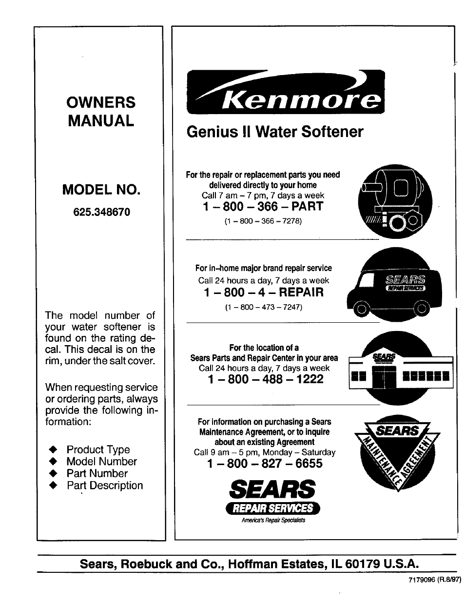 Owners manual, Genius ii water softener, Model no | Kenmore GENIUS II 625.34867 User Manual | Page 36 / 36