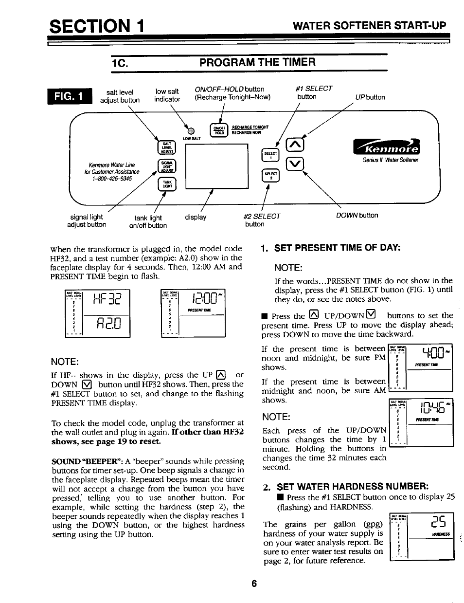 Program the timer, Note, Set present time of day | Set water hardness number, Water softener start-up 1c. program the timer, Is 6, Buttons to set the present time. press | Kenmore GENIUS II 625.34867 User Manual | Page 6 / 36