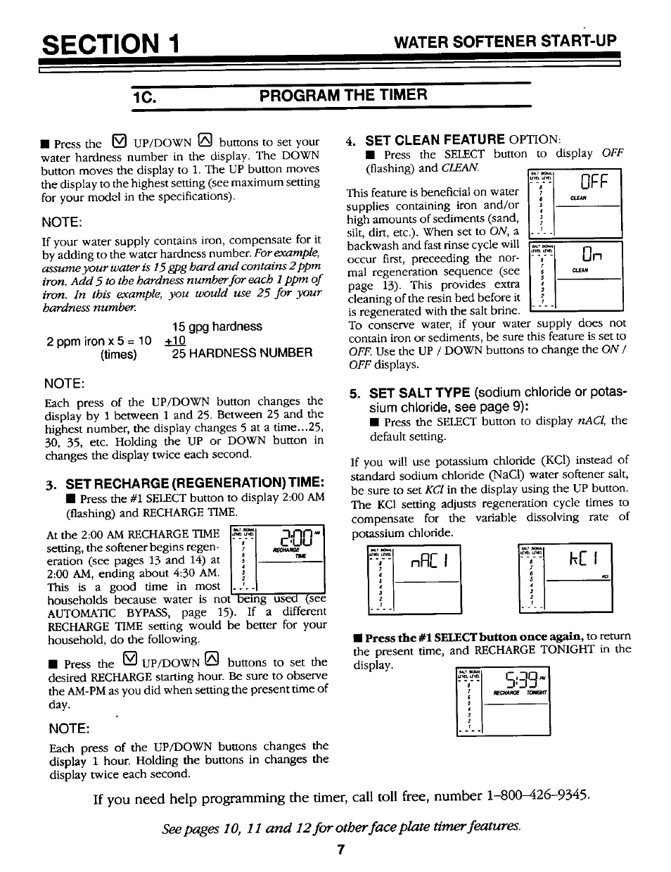 Program the timer, Note, 2 ppm iron x 5 = 10 (times) | 15 gpg hardness ±10, 25 hardness number, Set recharge (regeneration) time, Set clean feature option, Nrc 1, Water softener start-up 1c. program the timer, 10 25 hardness number | Kenmore GENIUS II 625.34867 User Manual | Page 7 / 36