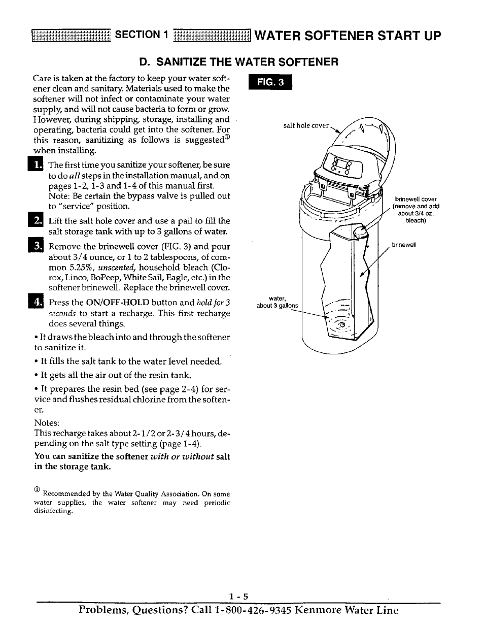 Water softener start up, D. sanitize the water softener | Kenmore ULTRASOFT 250 625.38826 User Manual | Page 8 / 36