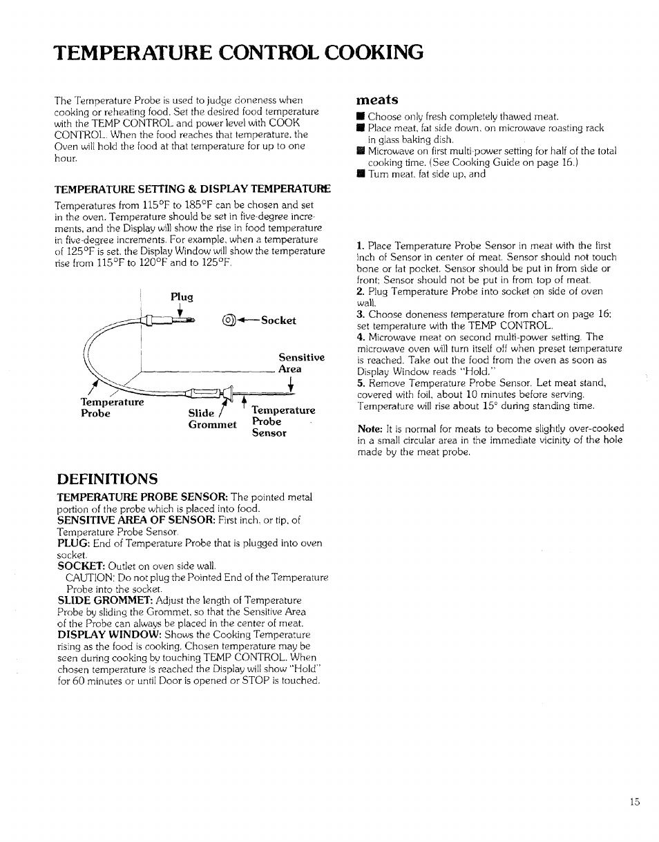 Temperature control cooking, Temperature setting & display temperatuto, Meats | Definitions | Kenmore 99721 User Manual | Page 15 / 32