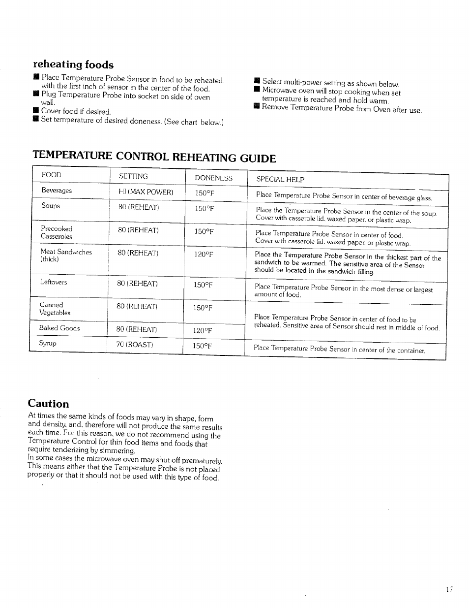 Reheating foods, Temperature control reheating guide, Caution | Kenmore 99721 User Manual | Page 17 / 32