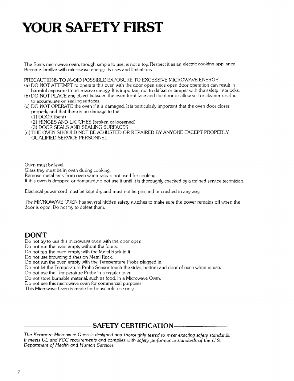 Your safety first, Don’t, Safety certification | Kenmore 99721 User Manual | Page 2 / 32