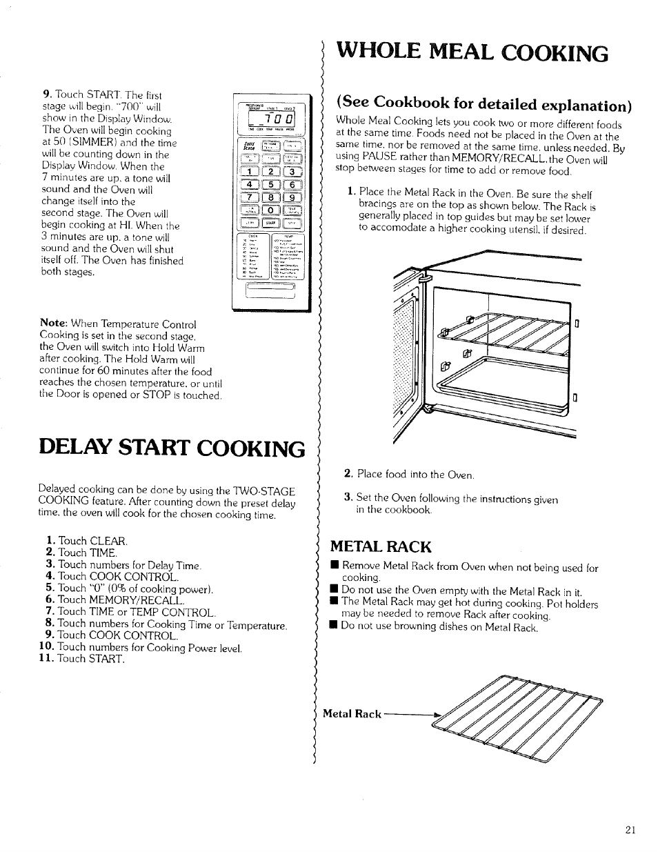 Whole meal cooking, Delay start cooking, See cookbook for detailed explanation) | Metal rack | Kenmore 99721 User Manual | Page 21 / 32