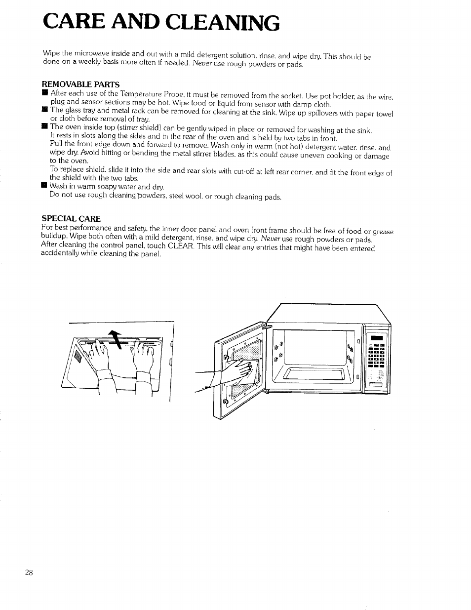 Care and cleaning, Removable parts, Special care | Kenmore 99721 User Manual | Page 28 / 32