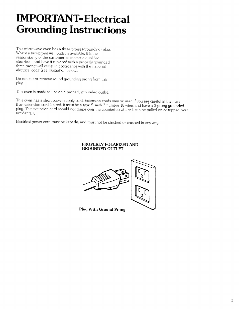 Important-electrical grounding instructions, Properly polarized and grounded outlet | Kenmore 99721 User Manual | Page 5 / 32