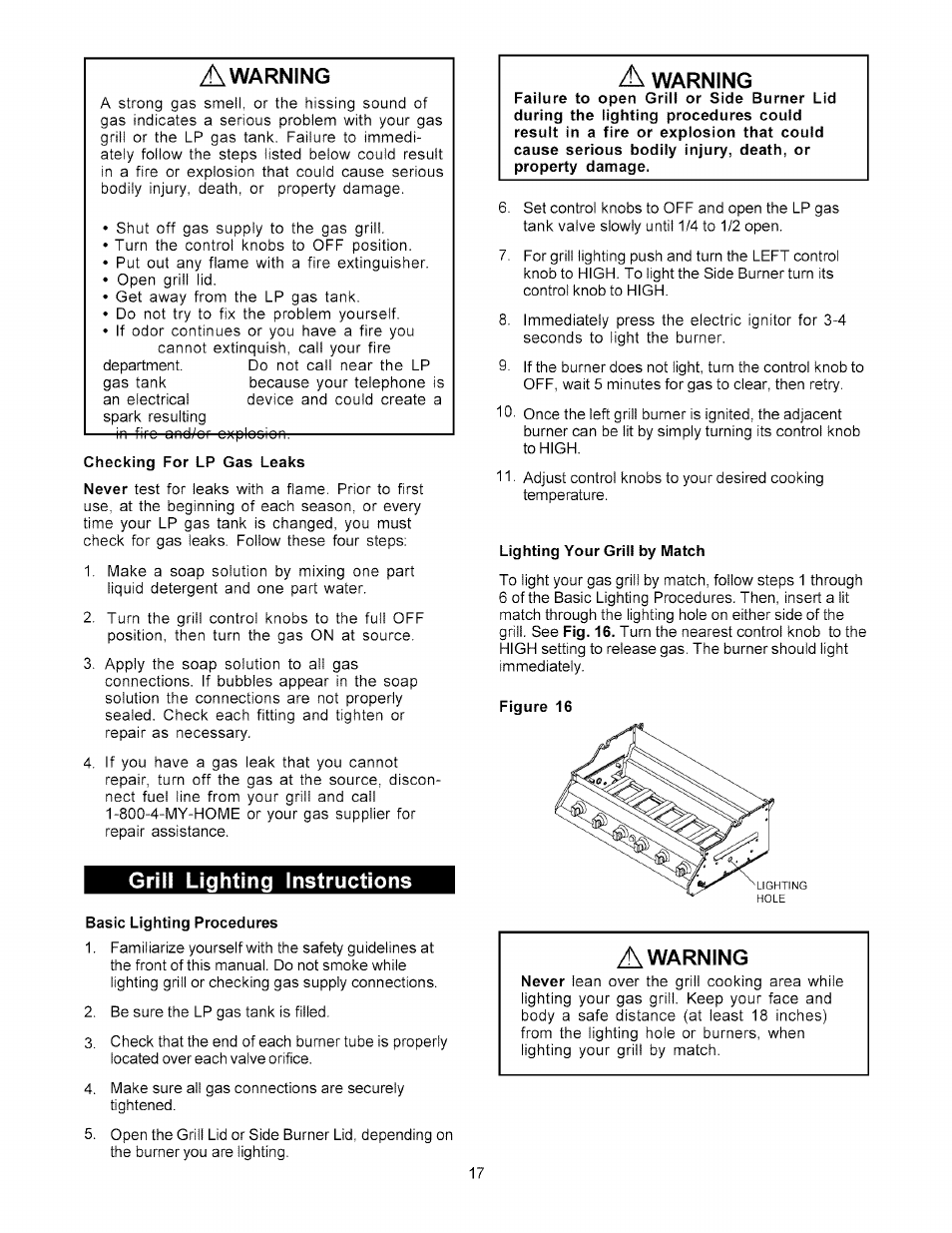 Basic lighting procedures, Lighting your grill by match, Figure 16 | Grill lighting instructions, Warning | Kenmore 141.178600 User Manual | Page 17 / 34