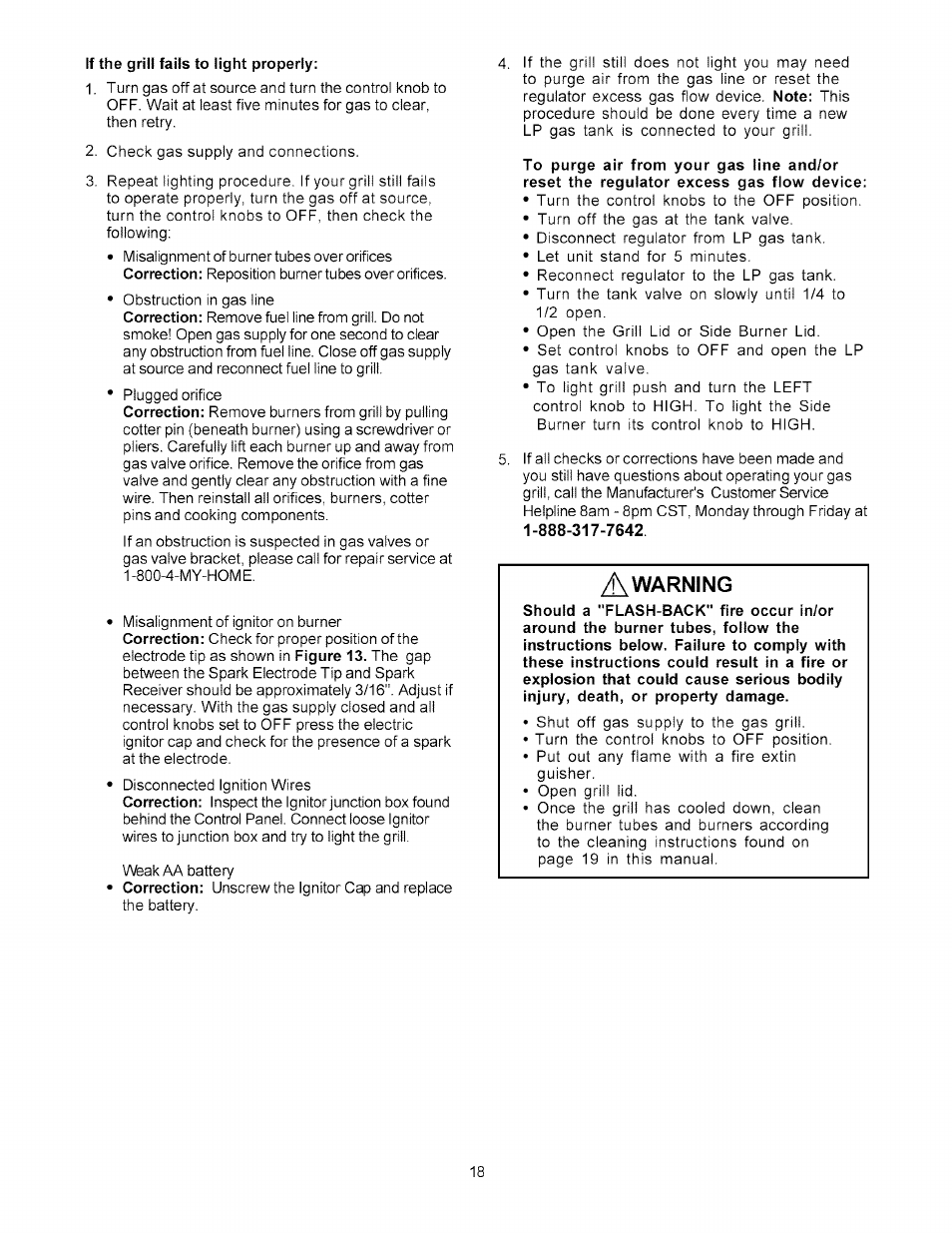 If the grill fails to light properly | Kenmore 141.178600 User Manual | Page 18 / 34