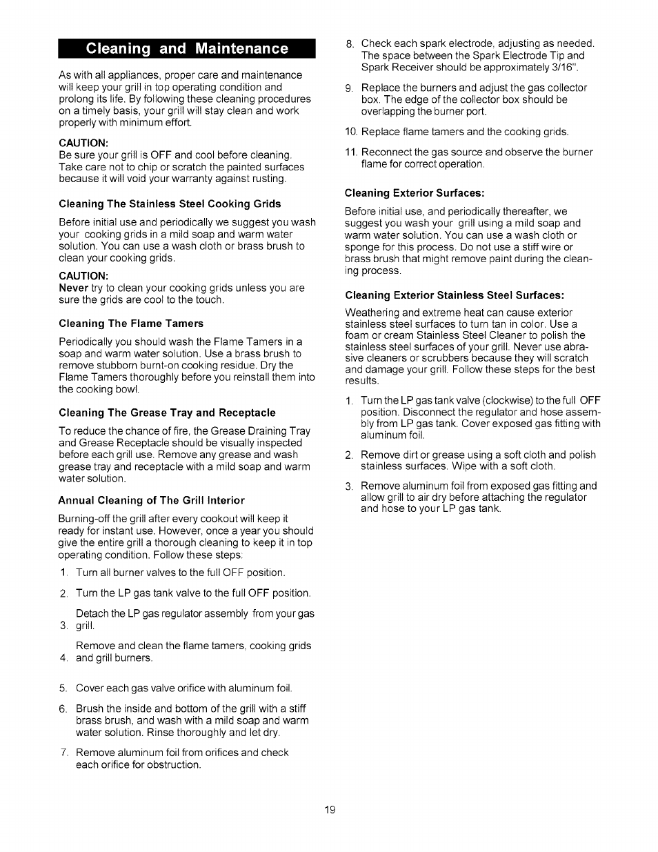 Cleaning and maintenance, Caution, Cleaning the stainless steel cooking grids | Cleaning the flame tamers, Cleaning the grease tray and receptacle, Annual cleaning of the grill interior, Cleaning exterior surfaces, Cleaning exterior stainless steel surfaces | Kenmore 141.178600 User Manual | Page 19 / 34