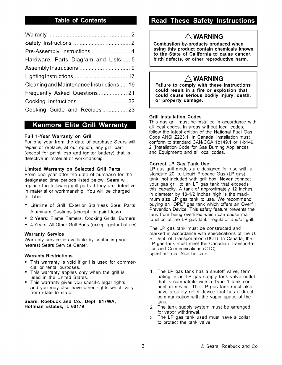 Full 1-year warranty on grill, Limited warranty on selected grill parts, Warranty service | Warranty restrictions, Sears, roebuck and co., dept. 817wa, Grill installation codes, Correct lp gas tank use, Table of contents read these safety instructions, Kenmore elite grill warranty, Warning | Kenmore 141.178600 User Manual | Page 2 / 34