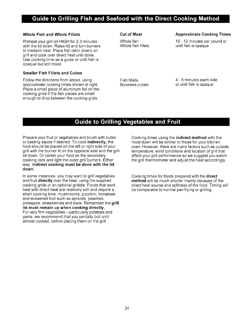 Whole fish and whole fillets, Smaller fish fillets and cubes, Cut of meat | Approximate cooking times, Guide to grilling vegetables and fruit | Kenmore 141.178600 User Manual | Page 24 / 34