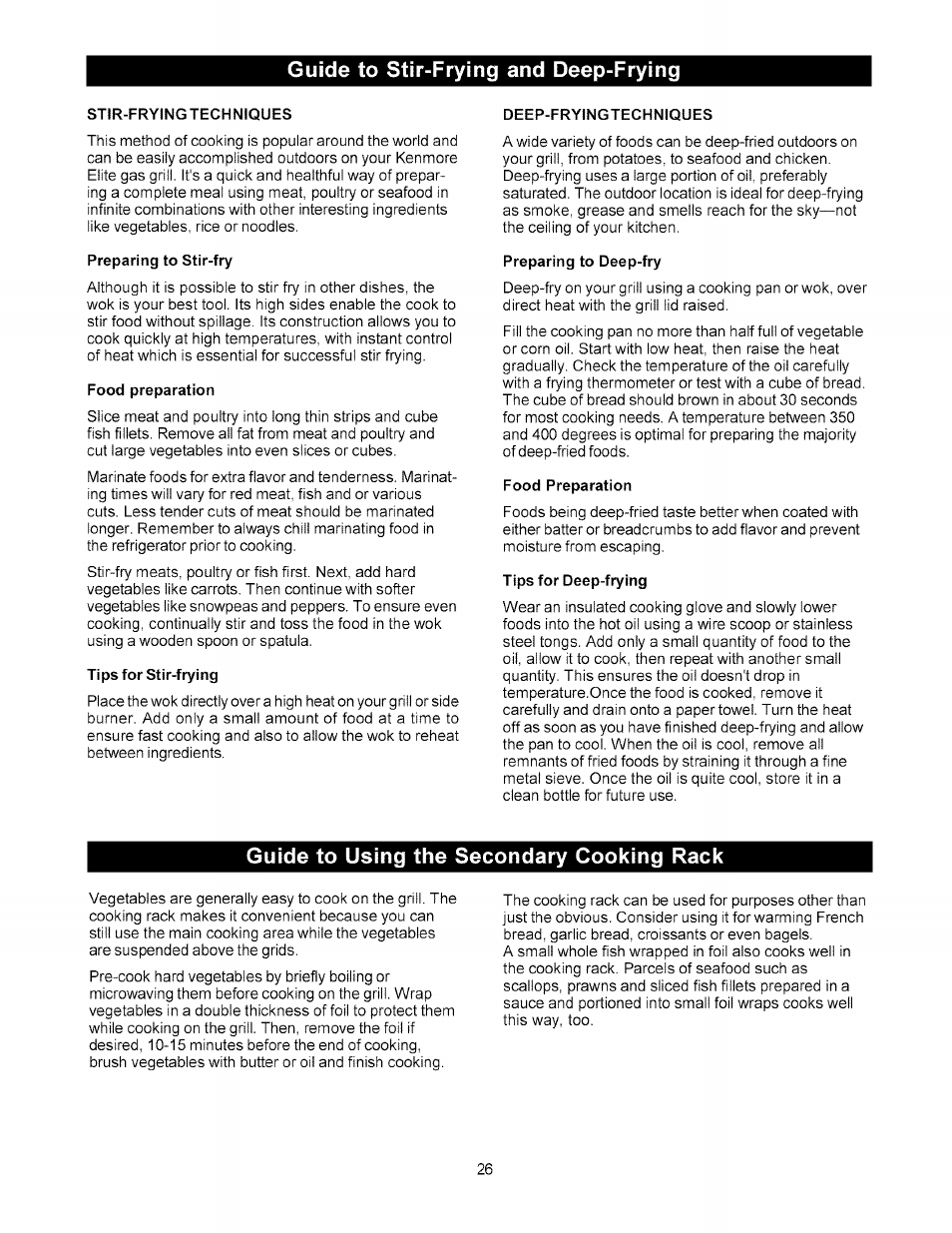 Guide to stir-frying and deep-frying, Stir-frying techniques, Preparing to stir-fry | Food preparation, Tips for stir-frying, Deep-fryingtechniques, Preparing to deep-fry, Tips for deep-frying, Guide to using the secondary cooking rack | Kenmore 141.178600 User Manual | Page 26 / 34