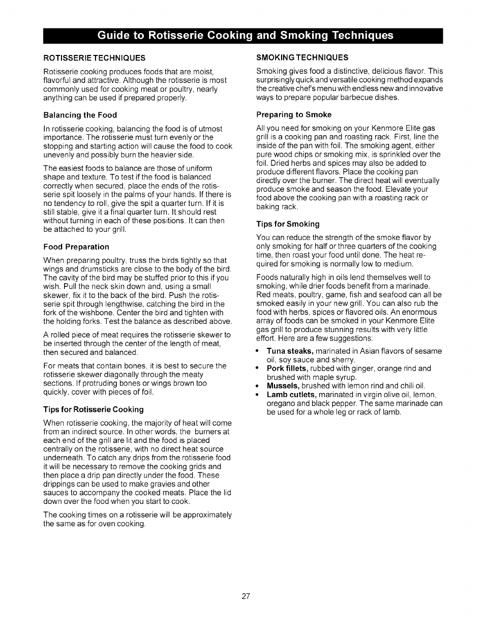 Rotisserie techniques, Balancing the food, Food preparation | Tips for rôtisserie cooking, Smoking techniques, Preparing to smoke, Tips for smoking, Guide to rôtisserie cooking and smoking techniques | Kenmore 141.178600 User Manual | Page 27 / 34