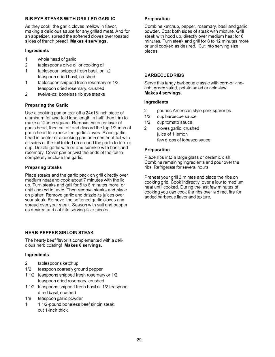 Ingredients, Preparing the garlic, Preparing steaks | Barbecued ribs, Preparation, Herb-pepper sirloin steak | Kenmore 141.178600 User Manual | Page 29 / 34