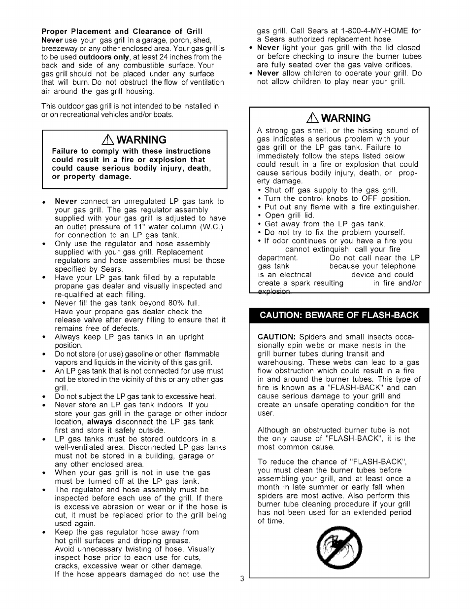 Caution; beware of flash-back, Warning | Kenmore 141.178600 User Manual | Page 3 / 34