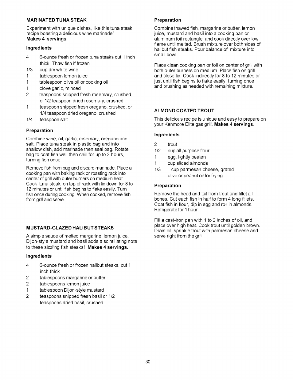 Ingredients, Preparation, Mustard-glazed halibut steaks | Almond coated trout | Kenmore 141.178600 User Manual | Page 30 / 34
