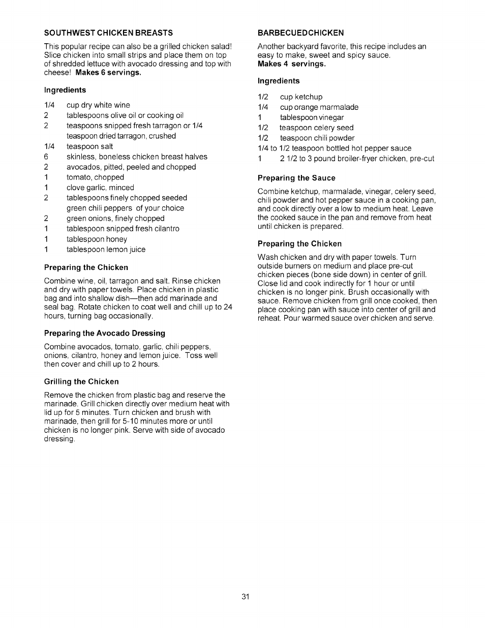 Southwest chicken breasts, Barbecuedchicken, Ingredients | Preparing the chicken, Preparing the avocado dressing, Grilling the chicken, Preparing the sauce | Kenmore 141.178600 User Manual | Page 31 / 34